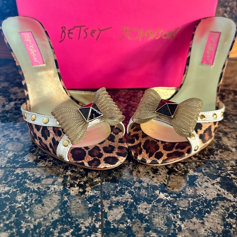 Betsey Johnson Leopard Print Slide Heels with Gold Bow Accents